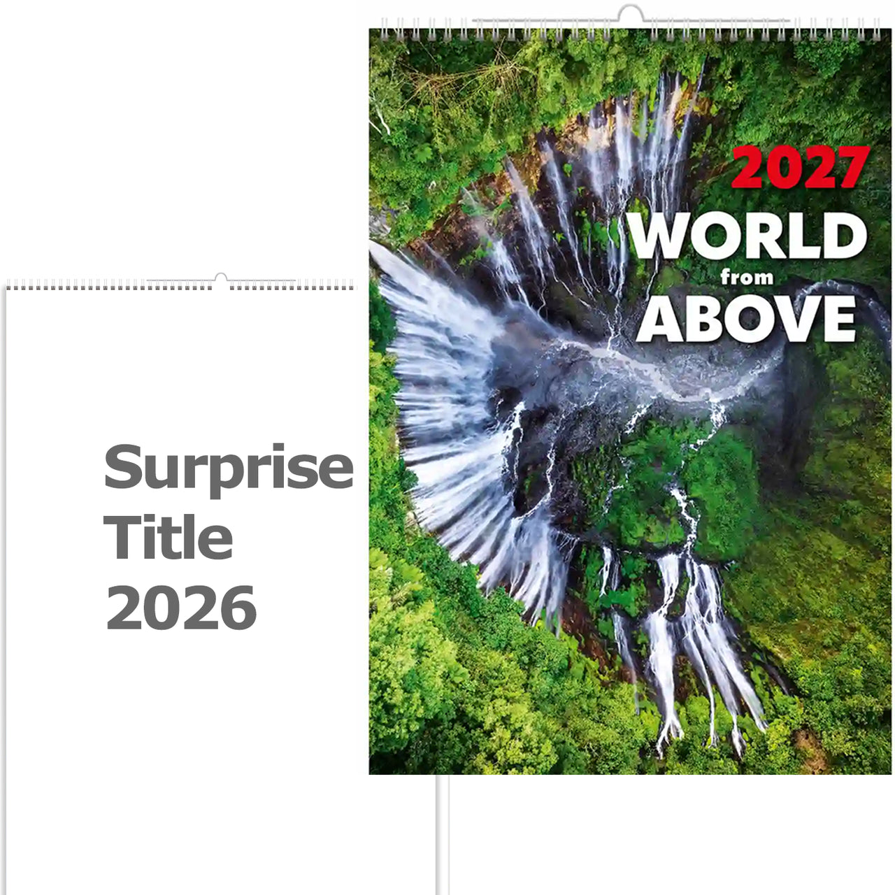 Kalenderomslag met waterval en bos, met tekst '2027 World from Above'.