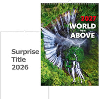 Kalenderomslag met waterval en bos, met tekst '2027 World from Above'.