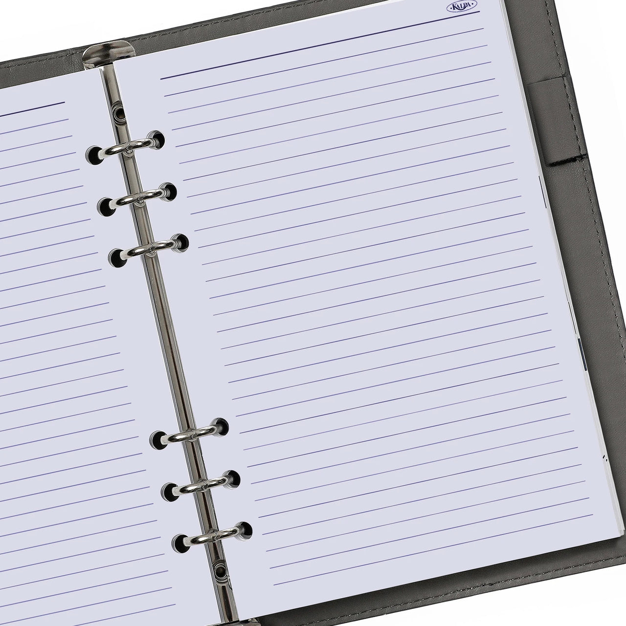 Open notebook with lined pages and a visible brand logo on a white background
