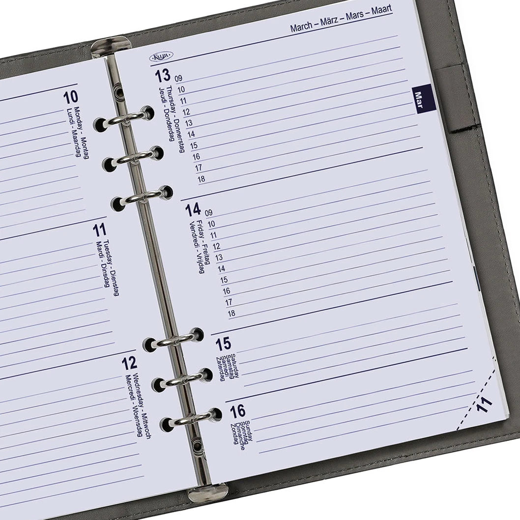 Close-up of a planner with a ring binding system on a white background
