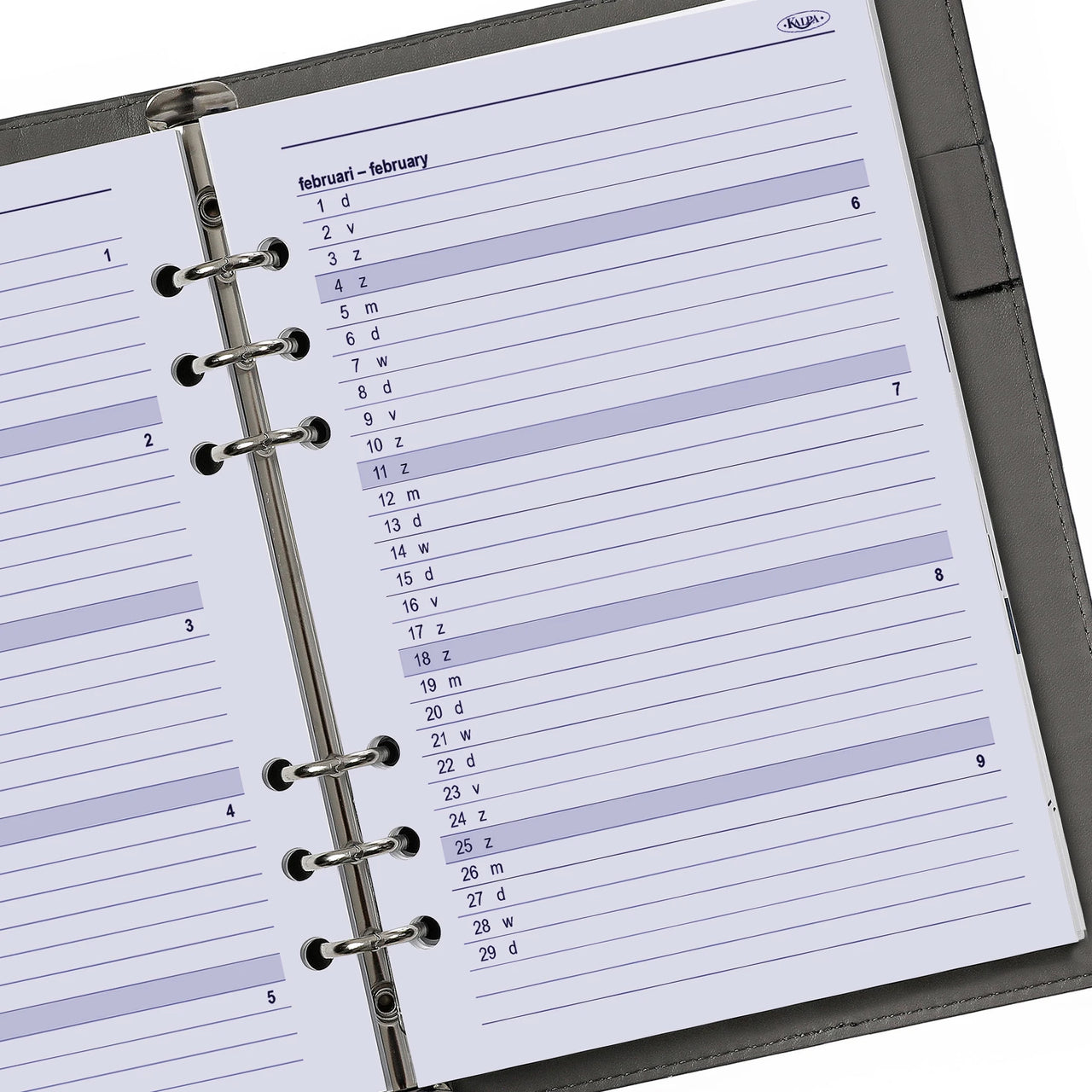 Open planner met maandelijks indeling op een witte achtergrond