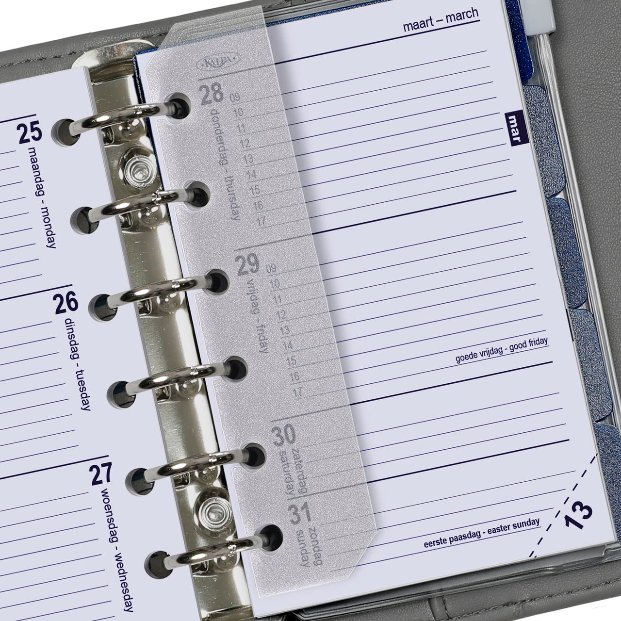 Close-up of a planner with a metallic ring binding and lined pages.