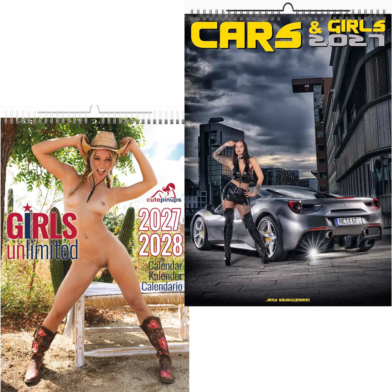 Two calendar covers: one with a woman in a cowboy hat and another with a car and a woman in a city setting.