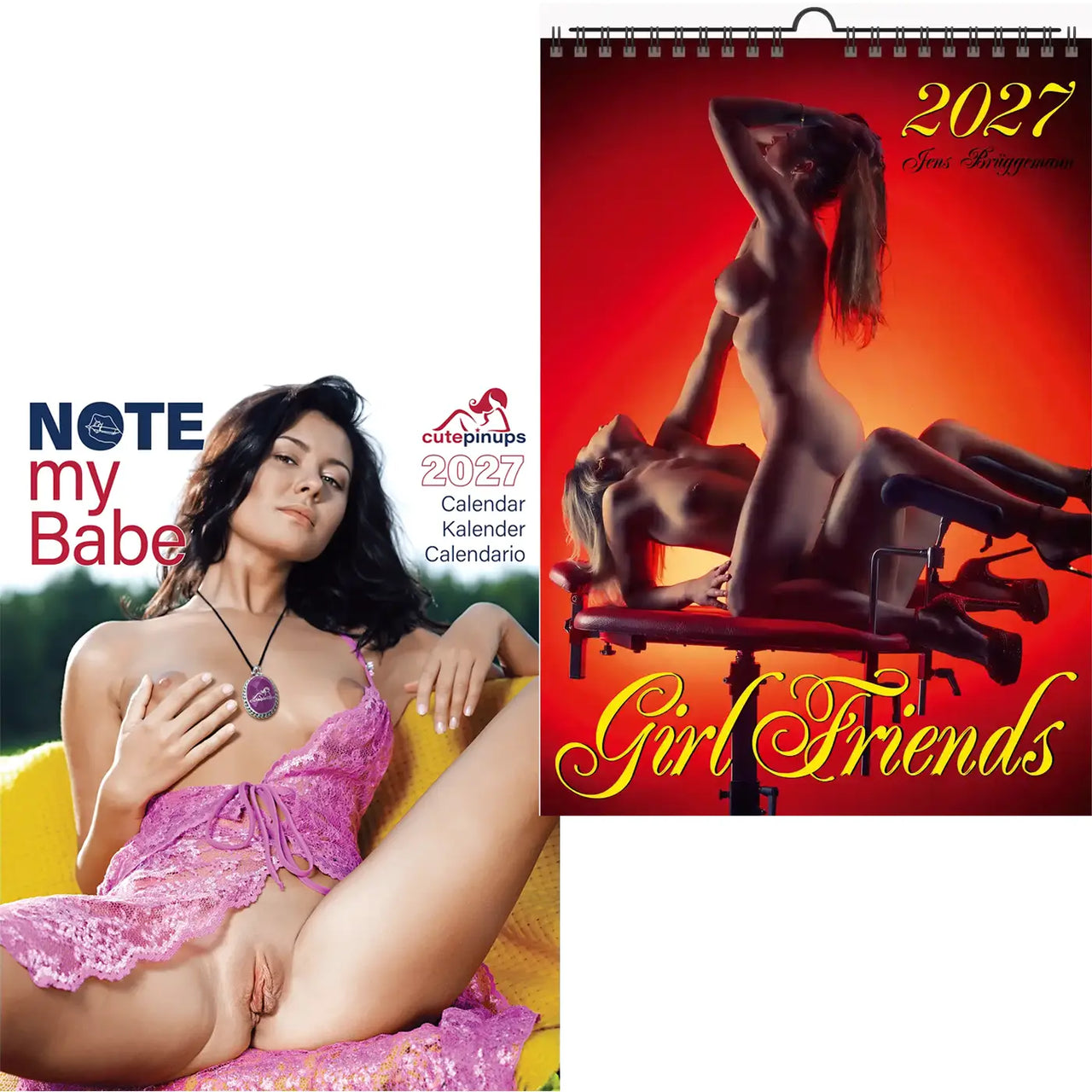 Twee kalenderomslagen met naaktafbeeldingen van vrouwen, één met het opschrift 'Note my Babe' en de andere 'Vriendinnen'.