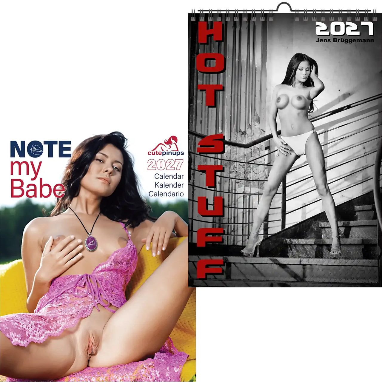 Twee kalendercovers met naaktafbeeldingen van vrouwen met tekst en branding.
