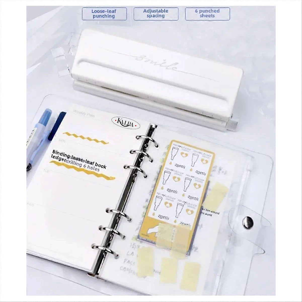 Adjustable 6-Hole Punch – Metal Loose-Leaf Binder Puncher for A5, A6, and Personal Planners (white)