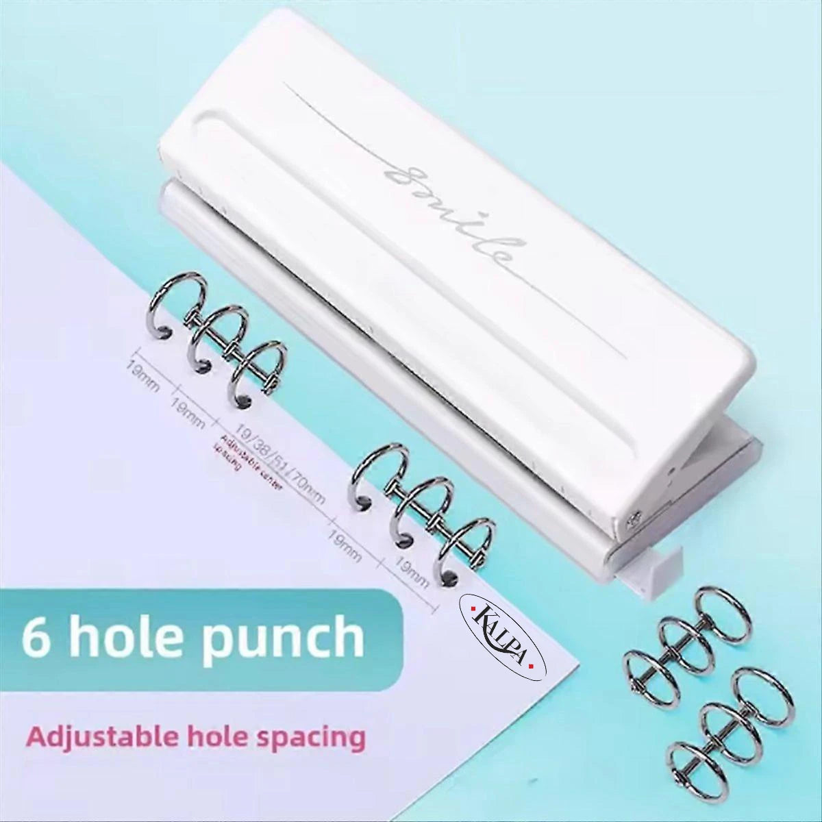 Adjustable 6-Hole Punch – Metal Loose-Leaf Binder Puncher for A5, A6, and Personal Planners (white)