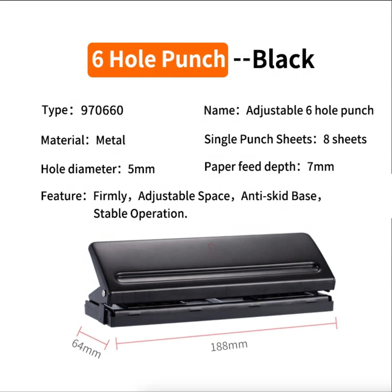 Verstelbare 6-holes punch-metalen losbladeren binder puncher voor A5, A6, en Personal Planners (zwart)