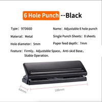 Verstelbare 6-holes punch-metalen losbladeren binder puncher voor A5, A6, en Personal Planners (zwart)