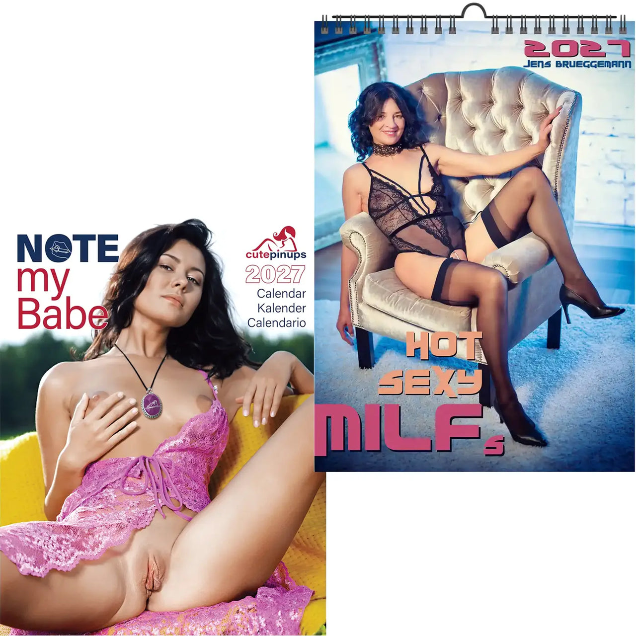 Twee kalenders met vrouwen in lingerie, één met 'Note my Babe' tekst en de andere met 'Hot Sexy MILFs' tekst.