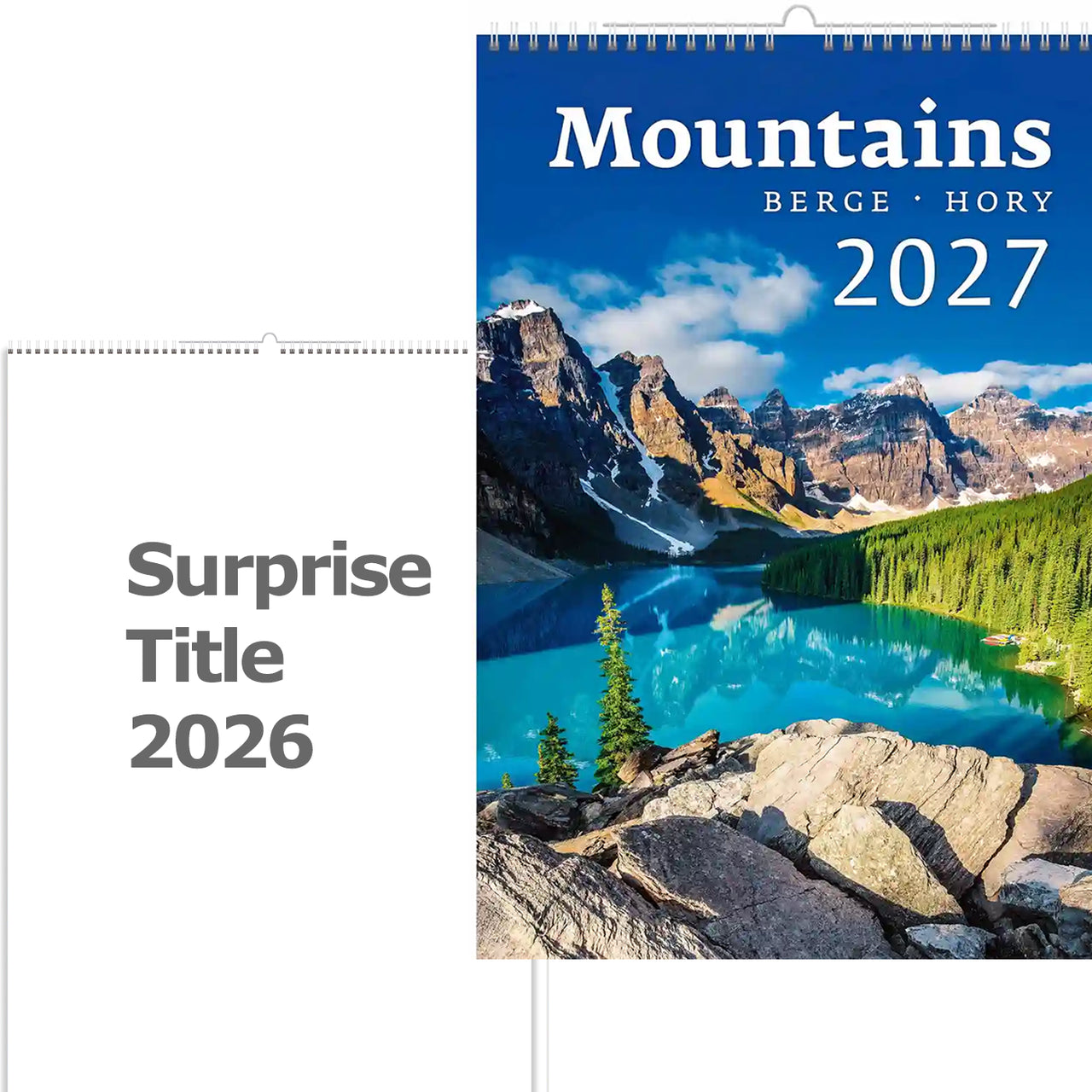Kalenderomslag met berglandschap en tekst 'Mountains 2027' op een witte achtergrond.