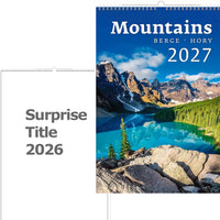 Kalenderomslag met berglandschap en tekst 'Mountains 2027' op een witte achtergrond.